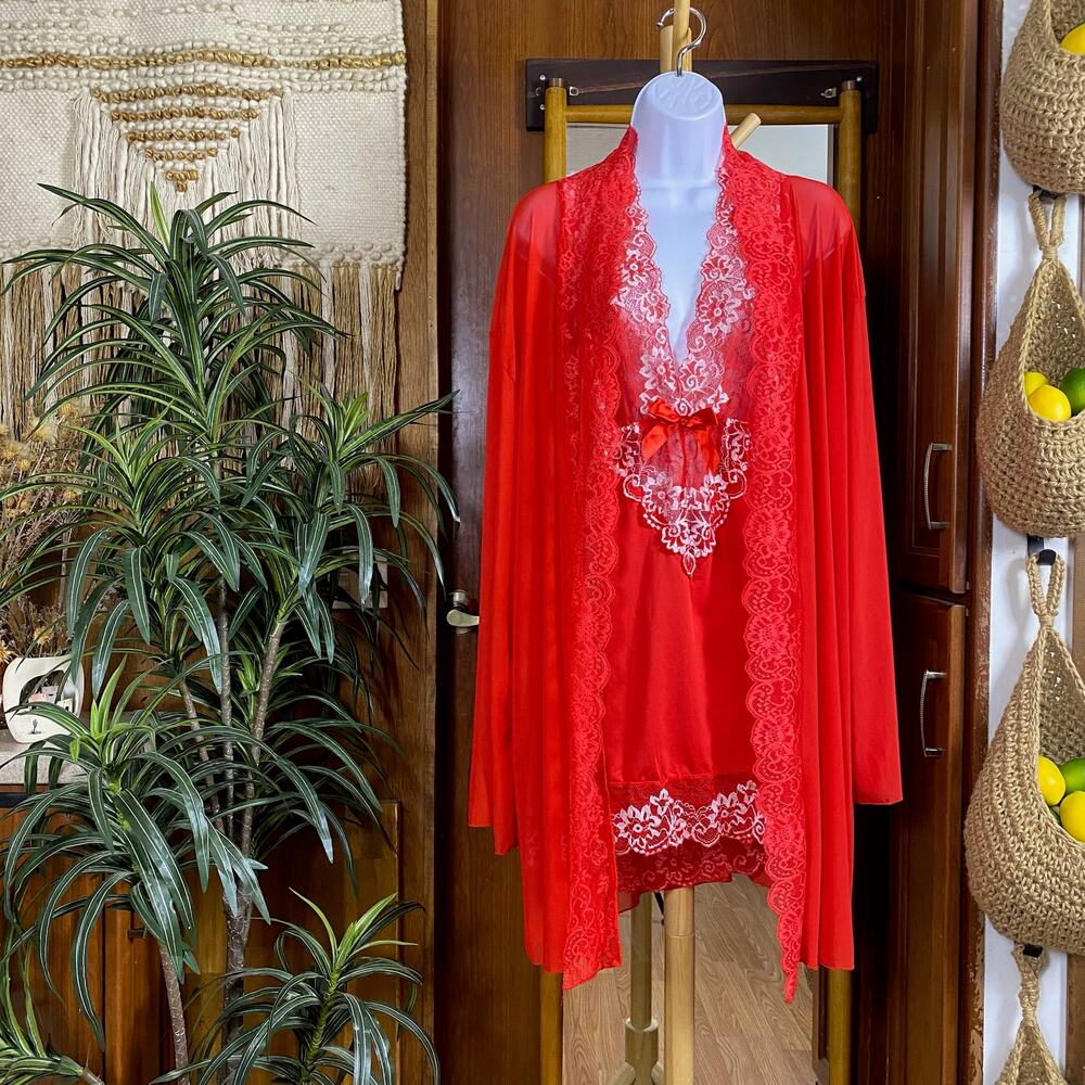 Plus Size Lingerie Set 1X Red Lace Chemise Sheer Robe 2pc Halter Babydoll Sexy